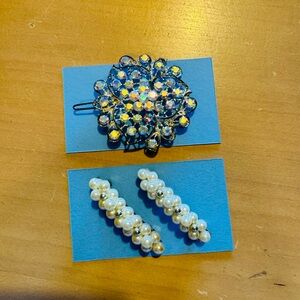Crystal Floral Hair Clip and Pearl Barrette Set